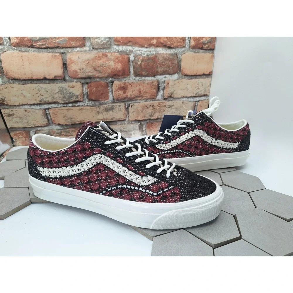 Vans Lx Old Skool 36 Ek Geo Check Grey Red Bordeaux Men's Sz 10.5 Knit